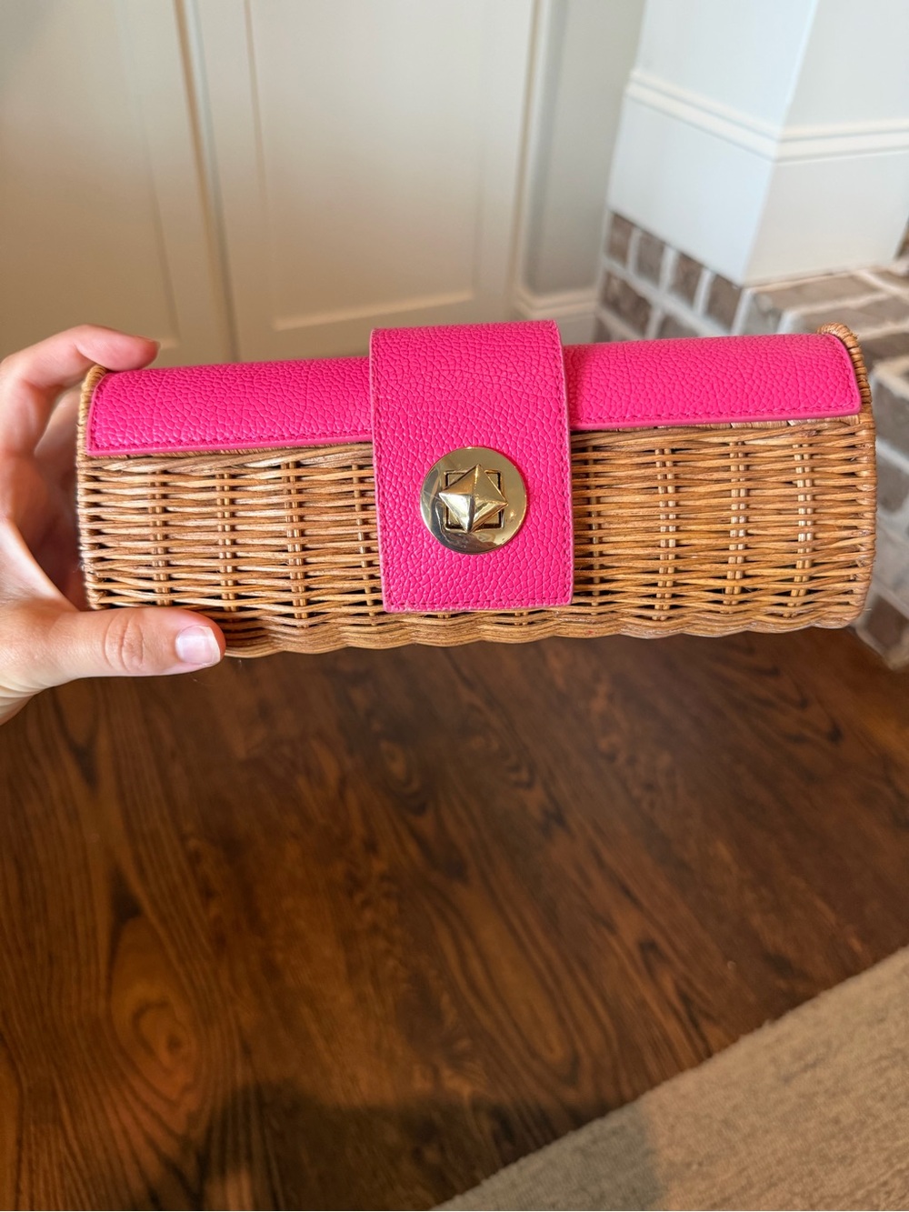 Mud Pie Pink Leather-Trim Wicker Clutch with Gold Accent